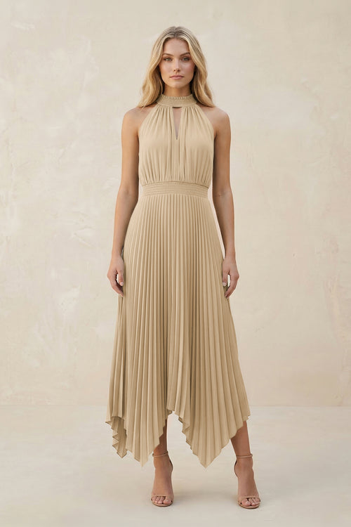 Halter Neck Pleated A-Line Chiffon Bridesmaid Dress in Champagne | KISSBRIDAL