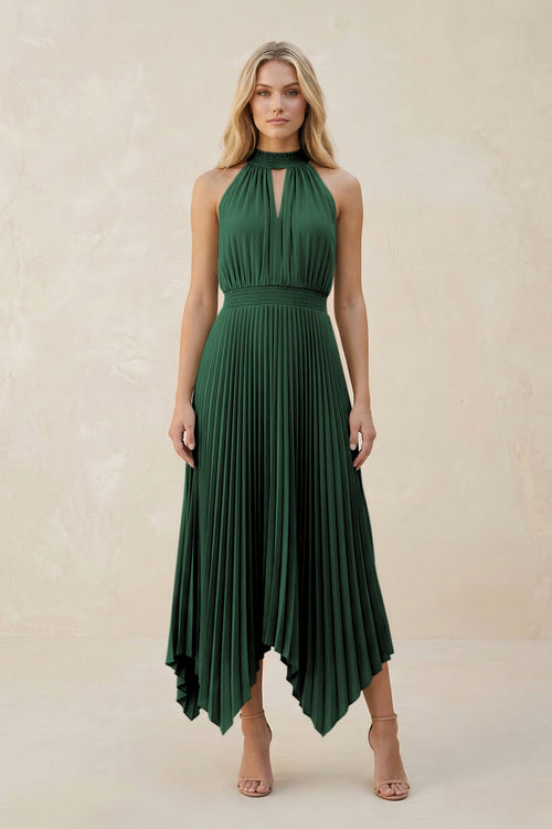 Halter Neck Pleated A-Line Chiffon Bridesmaid Dress in Dark Green | KISSBRIDAL