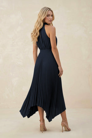 Halter Neck Pleated A - Line Chiffon Bridesmaid Dress in Dark Navy - SHE IS ME Bridesmaid Dresses