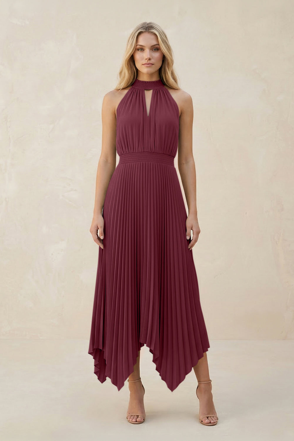 Halter Neck Pleated A-Line Chiffon Bridesmaid Dress in Desert Rose