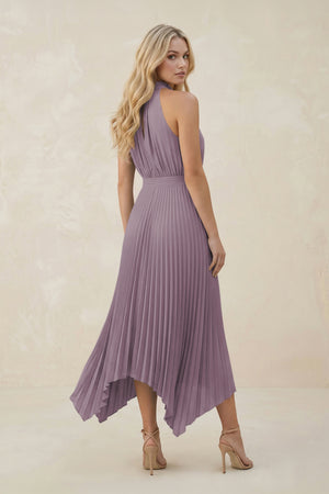 Halter Neck Pleated A-Line Chiffon Bridesmaid Dress in Dusk (2) | KISSBRIDAL