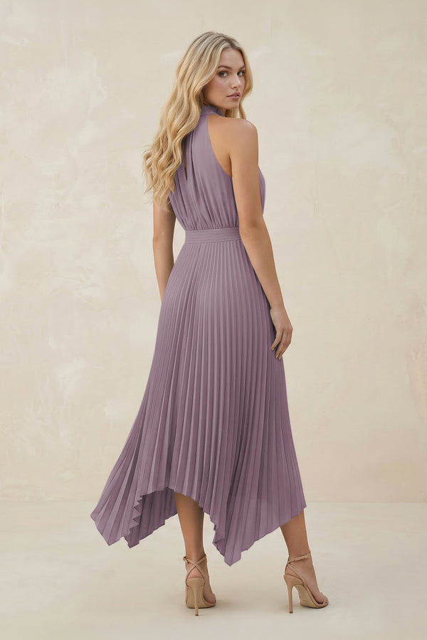 Halter Neck Pleated A-Line Chiffon Bridesmaid Dress in Dusk (2) | KISSBRIDAL