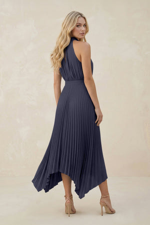 Halter Neck Pleated A - Line Chiffon Bridesmaid Dress in Dusk Blue - SHE IS ME Bridesmaid Dresses