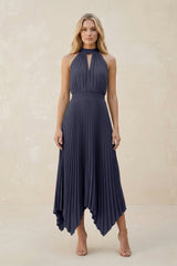 Halter Neck Pleated A - Line Chiffon Bridesmaid Dress in Dusk Blue - KISS BRIDAL Bridesmaid Dresses