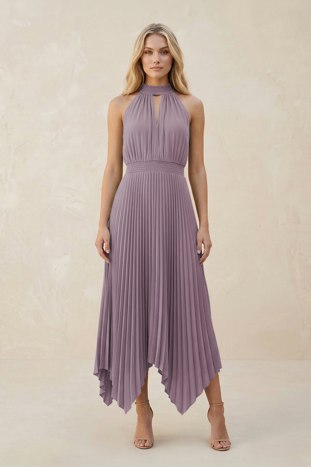 Halter Neck Pleated A-Line Chiffon Bridesmaid Dress in Dusk