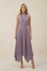 Halter Neck Pleated A-Line Chiffon Bridesmaid Dress in Dusk | KISSBRIDAL