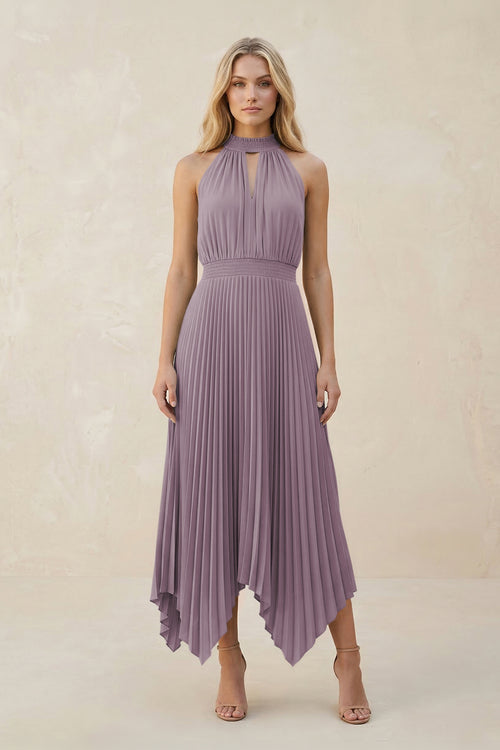 Halter Neck Pleated A-Line Chiffon Bridesmaid Dress in Dusk | KISSBRIDAL