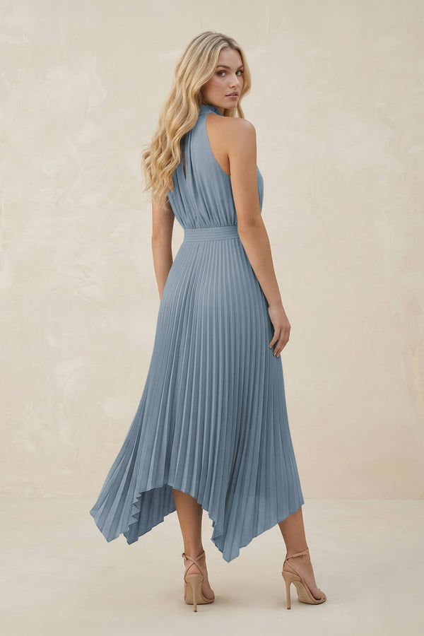 Halter Neck Pleated A-Line Chiffon Bridesmaid Dress in Dusty Blue (2) | KISSBRIDAL