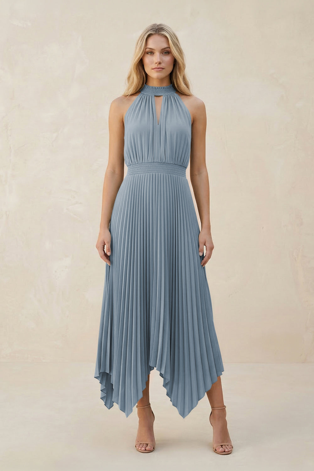 Halter Neck Pleated A-Line Chiffon Bridesmaid Dress in Dusty Blue
