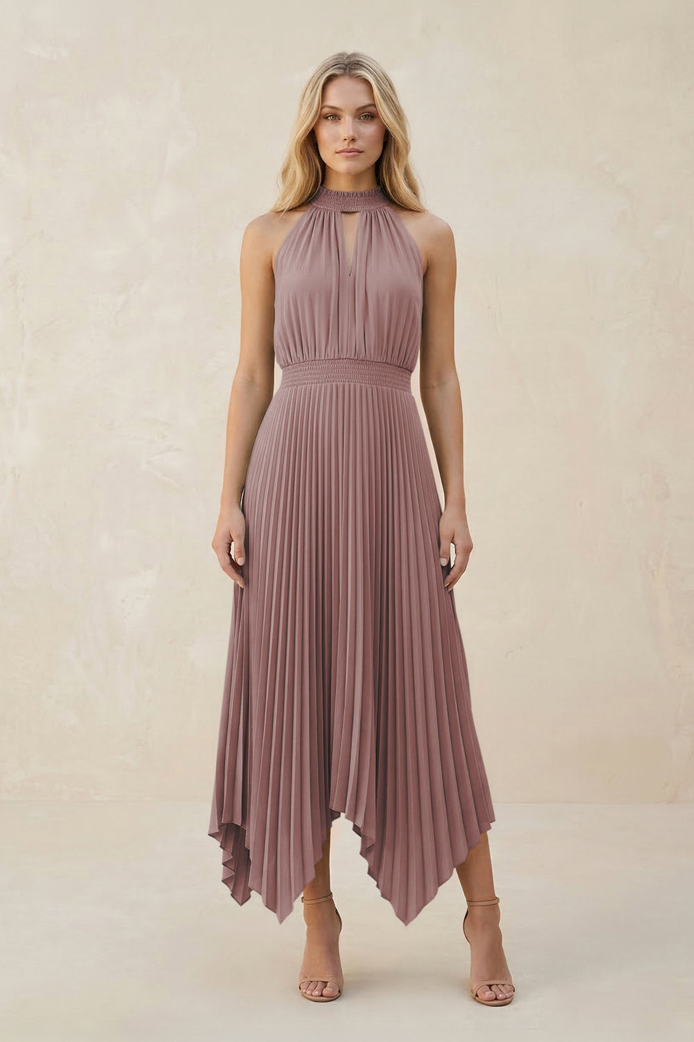Halter Neck Pleated A-Line Chiffon Bridesmaid Dress in Dusty Rose