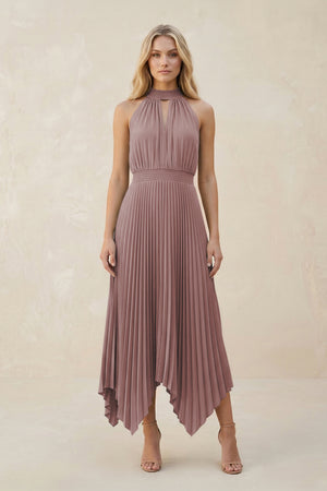 Halter Neck Pleated A-Line Chiffon Bridesmaid Dress in Dusty Rose | KISSBRIDAL
