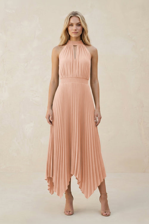 Halter Neck Pleated A - Line Chiffon Bridesmaid Dress in English Rose - SHE IS ME Bridesmaid Dresses