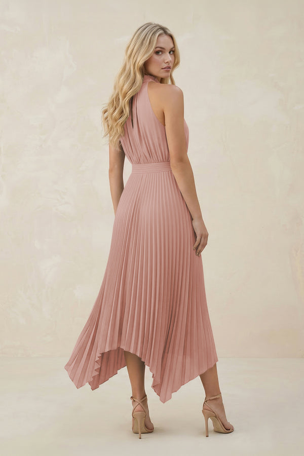 Halter Neck Pleated A-Line Chiffon Bridesmaid Dress in English Rose (2) | KISSBRIDAL