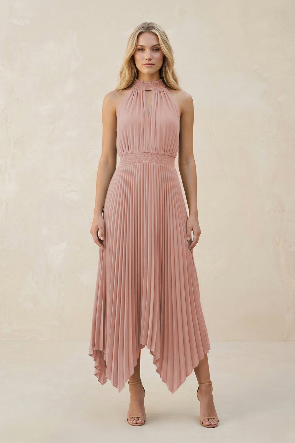 Halter Neck Pleated A-Line Chiffon Bridesmaid Dress in English Rose