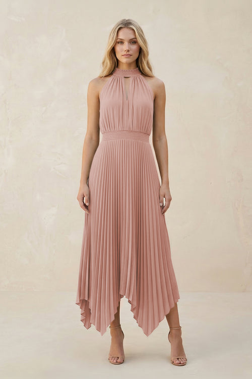 Halter Neck Pleated A-Line Chiffon Bridesmaid Dress in English Rose | KISSBRIDAL