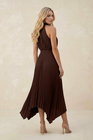 Halter Neck Pleated A - Line Chiffon Bridesmaid Dress in Espresso - SHE IS ME Bridesmaid Dresses