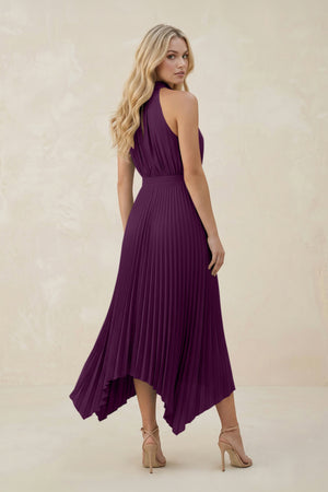 Halter Neck Pleated A-Line Chiffon Bridesmaid Dress in Fig (2) | KISSBRIDAL