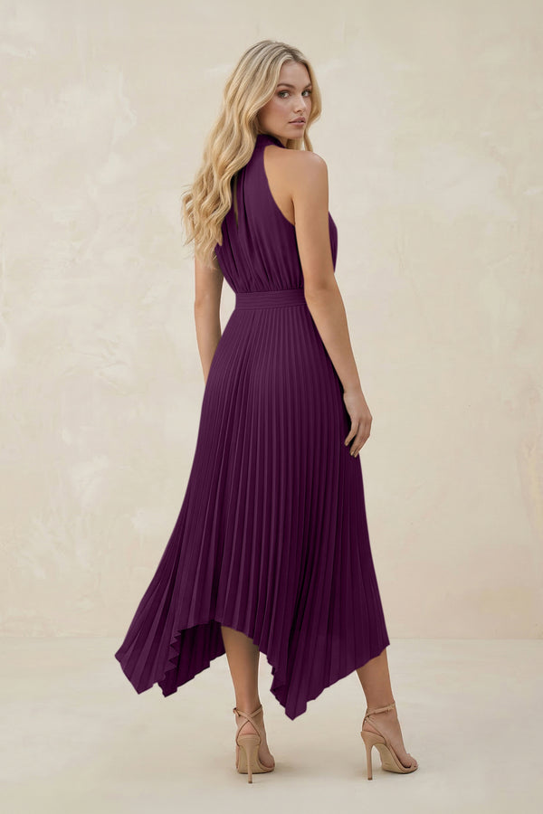 Halter Neck Pleated A-Line Chiffon Bridesmaid Dress in Fig (2) | KISSBRIDAL