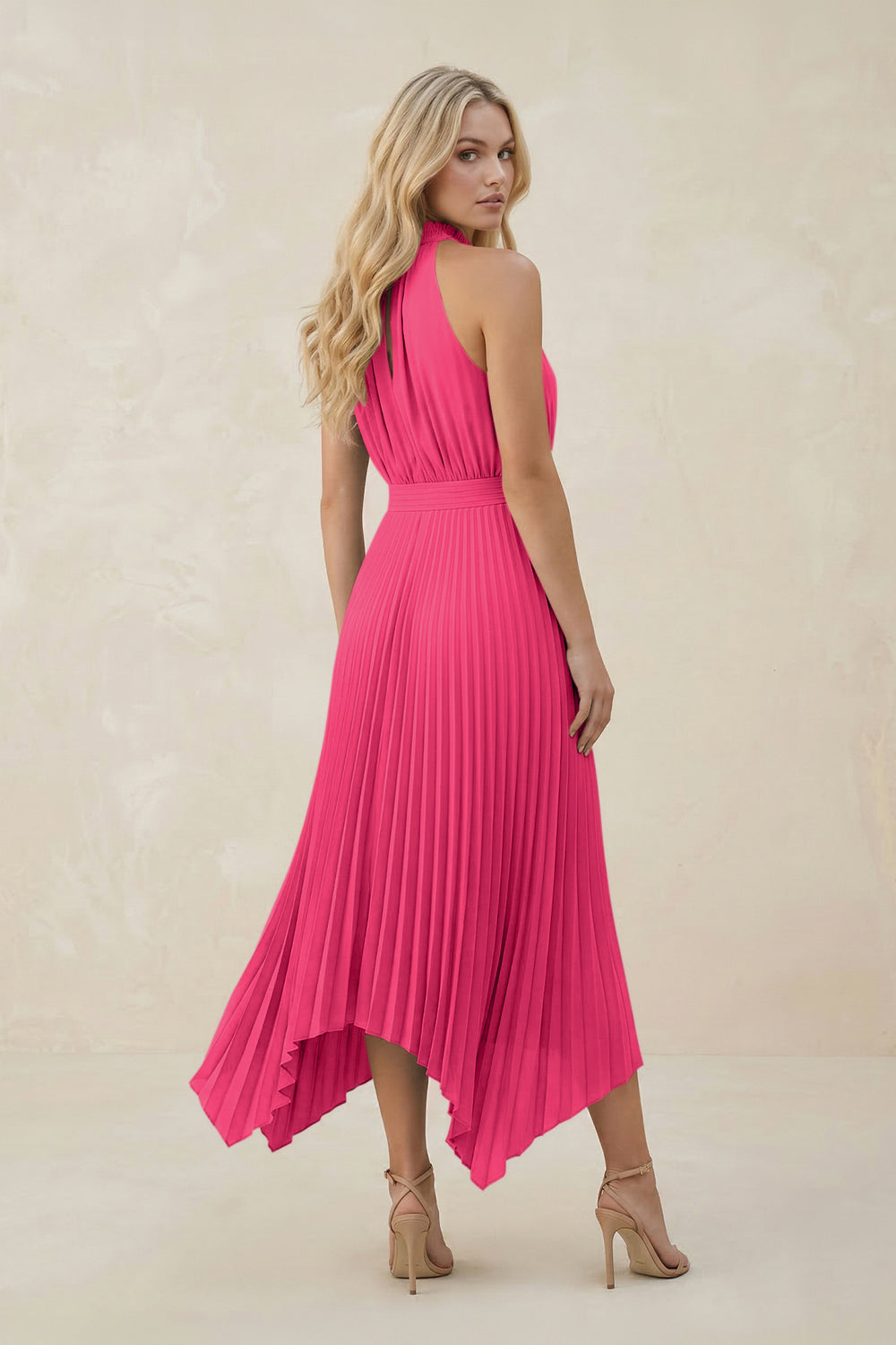 Halter Neck Pleated A-Line Chiffon Bridesmaid Dress in Fuchsia