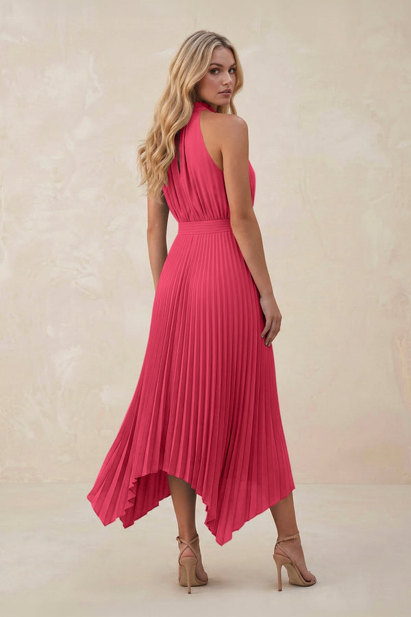 Halter Neck Pleated A - Line Chiffon Bridesmaid Dress in Fuchsia - SHE IS ME Bridesmaid Dresses