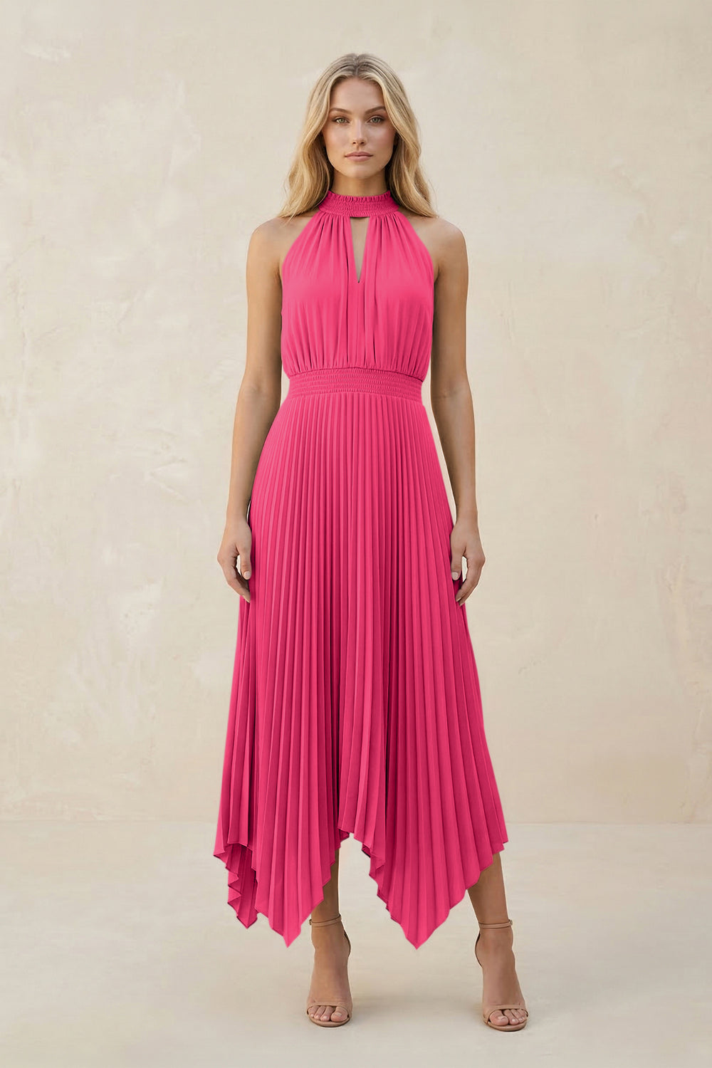 Halter Neck Pleated A-Line Chiffon Bridesmaid Dress in Fuchsia