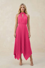 Halter Neck Pleated A-Line Chiffon Bridesmaid Dress in Fuchsia | KISSBRIDAL