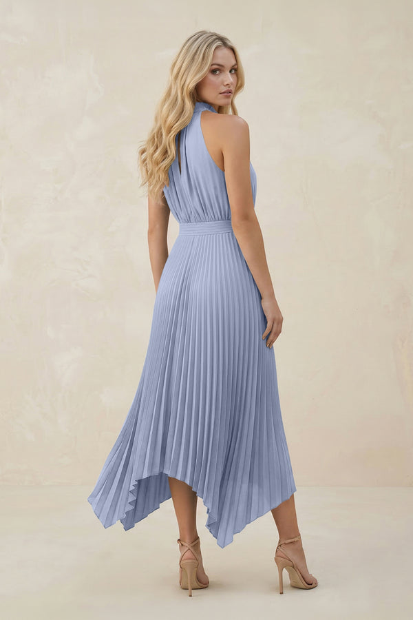 Halter Neck Pleated A-Line Chiffon Bridesmaid Dress in Ice (2) | KISSBRIDAL