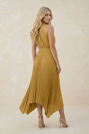 Halter Neck Pleated A-Line Chiffon Bridesmaid Dress in Marigold (2) | KISSBRIDAL