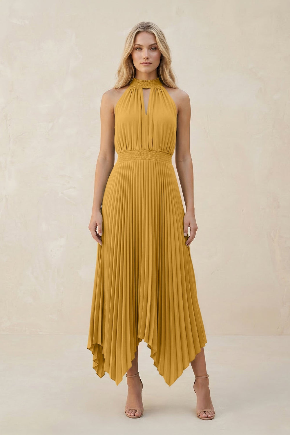 Halter Neck Pleated A - Line Chiffon Bridesmaid Dress in Marigold - KISS BRIDAL Bridesmaid Dresses