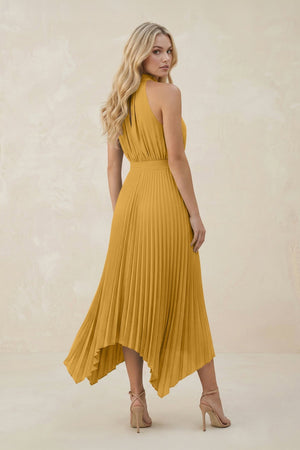 Halter Neck Pleated A - Line Chiffon Bridesmaid Dress in Marigold - SHE IS ME Bridesmaid Dresses
