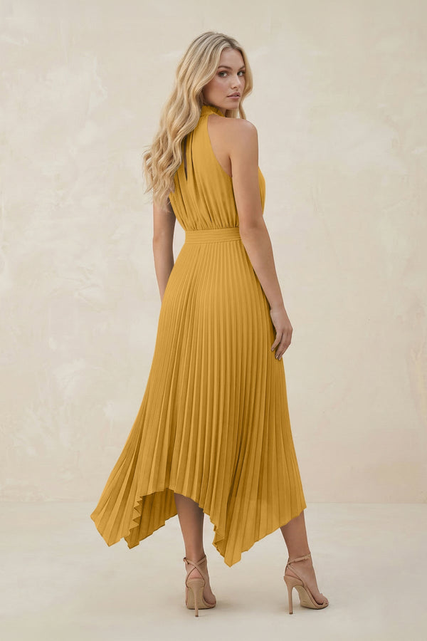 Halter Neck Pleated A - Line Chiffon Bridesmaid Dress in Marigold - SHE IS ME Bridesmaid Dresses