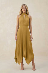 Halter Neck Pleated A-Line Chiffon Bridesmaid Dress in Marigold | KISSBRIDAL