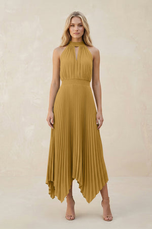 Halter Neck Pleated A-Line Chiffon Bridesmaid Dress in Marigold | KISSBRIDAL