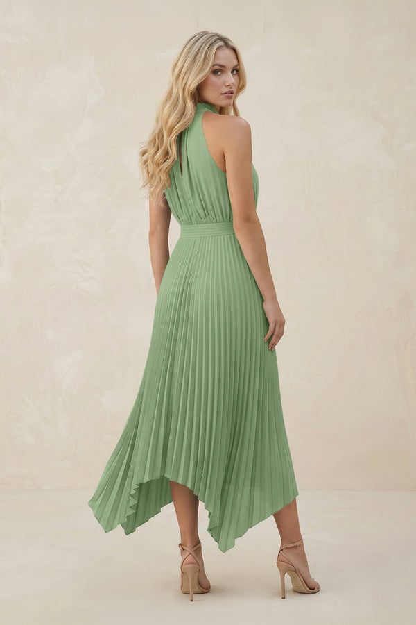 Halter Neck Pleated A-Line Chiffon Bridesmaid Dress in Matcha (2) | KISSBRIDAL
