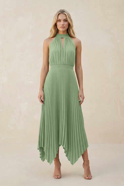 Halter Neck Pleated A-Line Chiffon Bridesmaid Dress in Matcha | KISSBRIDAL