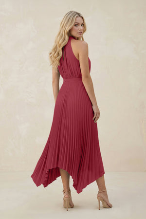 Halter Neck Pleated A-Line Chiffon Bridesmaid Dress in Merlot (2) | KISSBRIDAL