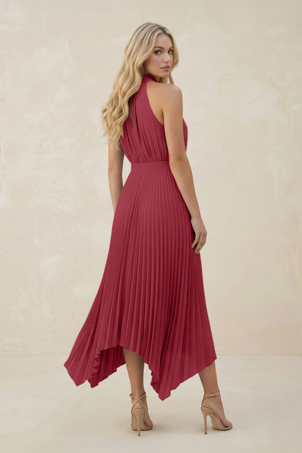 Halter Neck Pleated A-Line Chiffon Bridesmaid Dress in Merlot (2) | KISSBRIDAL