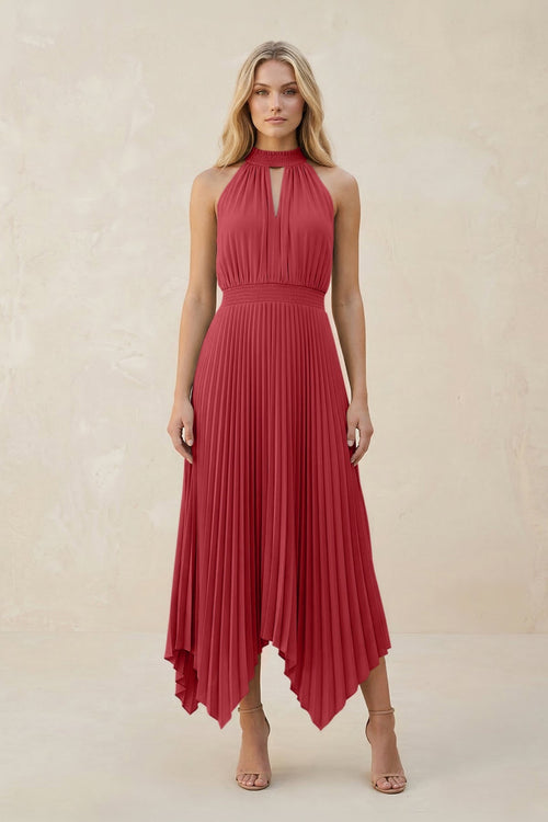 Halter Neck Pleated A - Line Chiffon Bridesmaid Dress in Merlot - SHE IS ME Bridesmaid Dresses