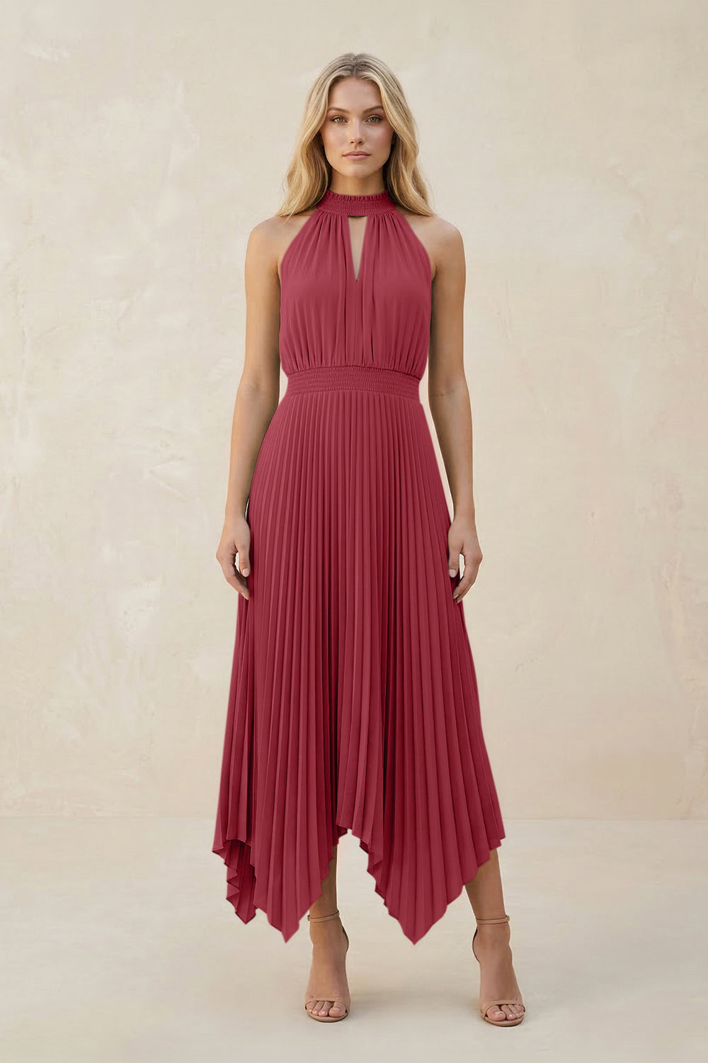 Halter Neck Pleated A-Line Chiffon Bridesmaid Dress in Merlot