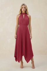 Halter Neck Pleated A-Line Chiffon Bridesmaid Dress in Merlot | KISSBRIDAL