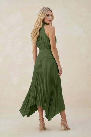 Halter Neck Pleated A-Line Chiffon Bridesmaid Dress in Moss (2) | KISSBRIDAL