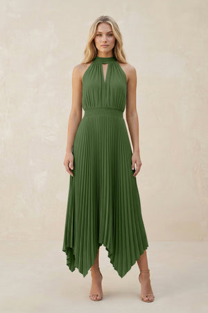 Halter Neck Pleated A - Line Chiffon Bridesmaid Dress in Moss - SHE IS ME Bridesmaid Dresses