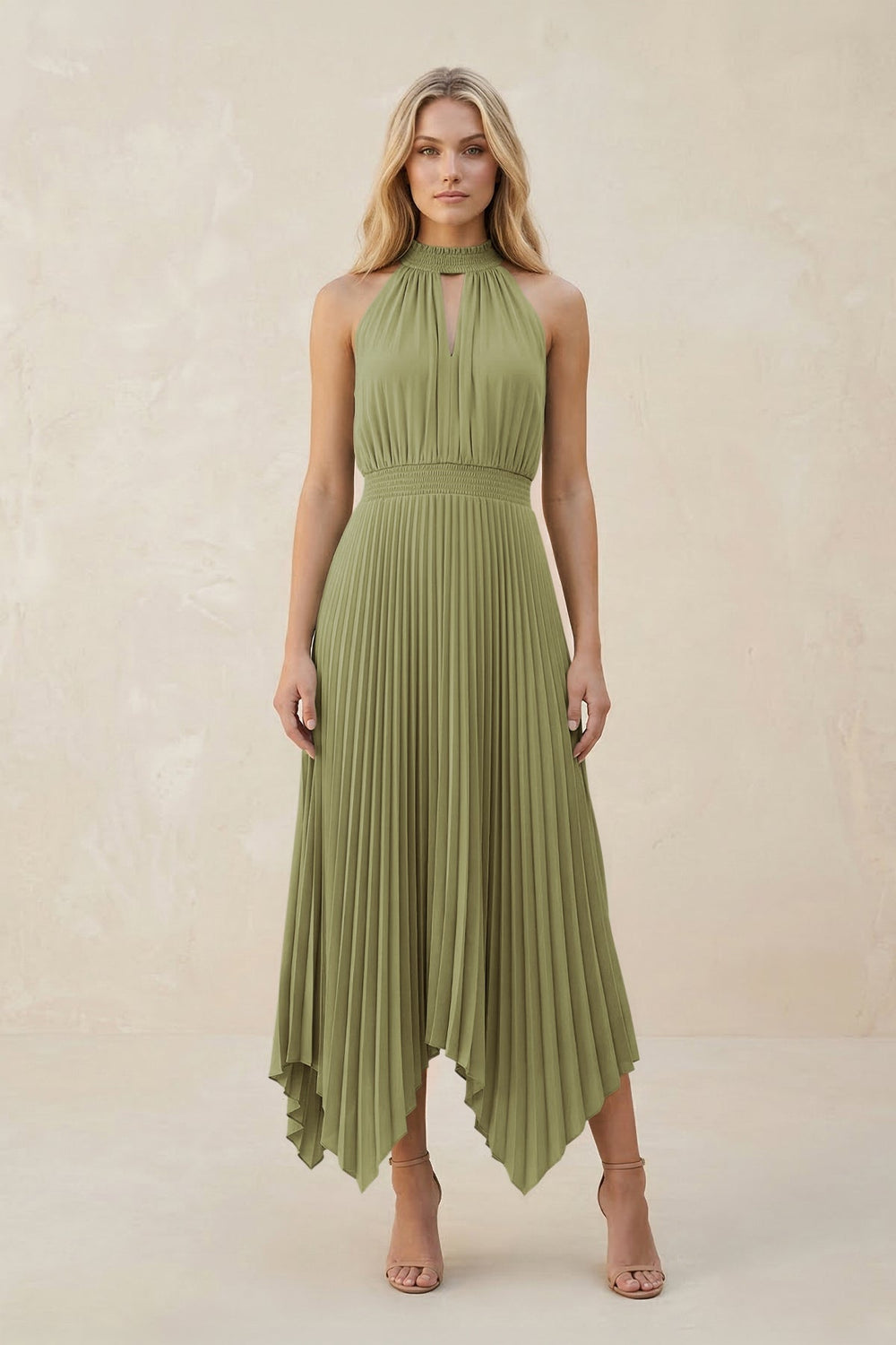 Halter Neck Pleated A - Line Chiffon Bridesmaid Dress in Moss Green - KISS BRIDAL Bridesmaid Dresses