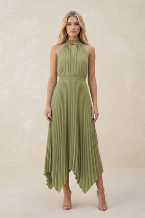 Halter Neck Pleated A - Line Chiffon Bridesmaid Dress in Moss Green - SHE IS ME Bridesmaid Dresses