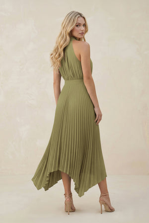 Halter Neck Pleated A-Line Chiffon Bridesmaid Dress in Moss Green (2) | KISSBRIDAL