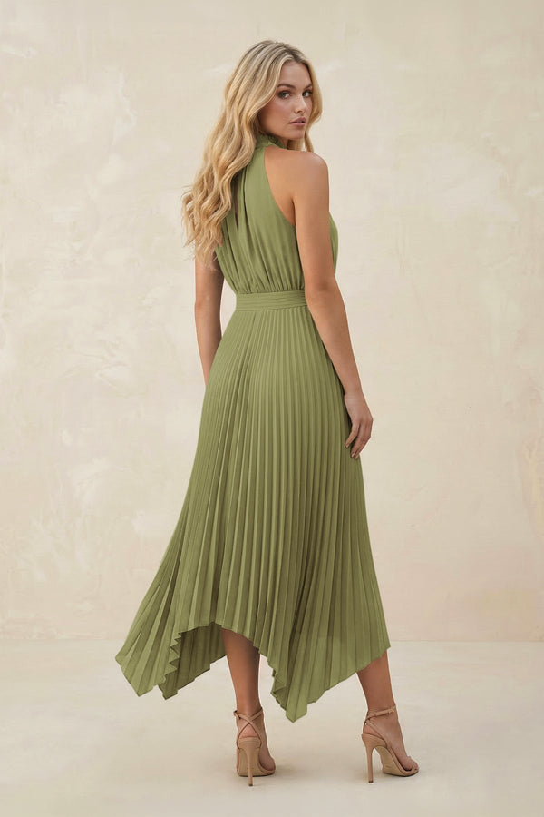 Halter Neck Pleated A - Line Chiffon Bridesmaid Dress in Moss Green - SHE IS ME Bridesmaid Dresses