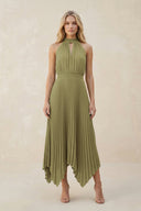 Halter Neck Pleated A-Line Chiffon Bridesmaid Dress in Moss Green | KISSBRIDAL