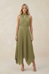 Halter Neck Pleated A-Line Chiffon Bridesmaid Dress in Moss Green | KISSBRIDAL