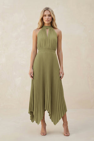 Halter Neck Pleated A-Line Chiffon Bridesmaid Dress in Moss Green | KISSBRIDAL