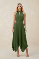 Halter Neck Pleated A-Line Chiffon Bridesmaid Dress in Moss | KISSBRIDAL
